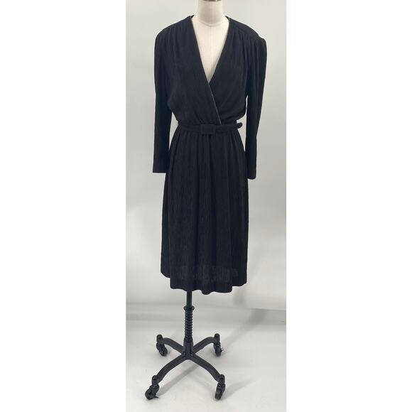 Vintage 70s 80s Rhinestone Neckline Pleated Faux Wrap Dress Belted Black - Picture 2 of 10